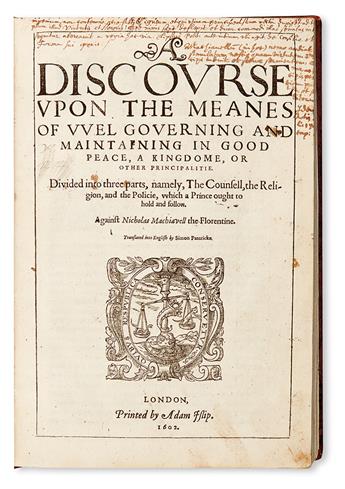 POLITICAL THOUGHT  GENTILLET, INNOCENT. A Discourse upon the Meanes of Wel Governing . . . a Kingdom [etc.].  1608